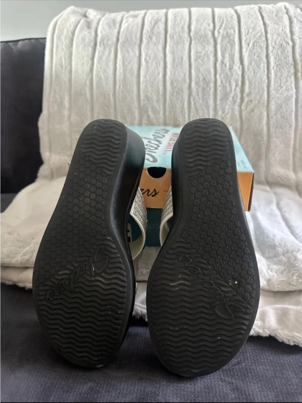 Skechers White Wedge Sandals with Black Sole